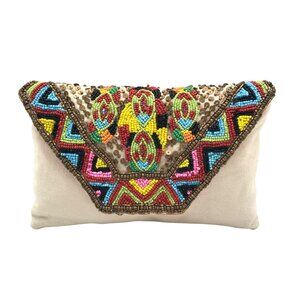 Sorpresa Beige Cotton Embellished Envelope Crossbody